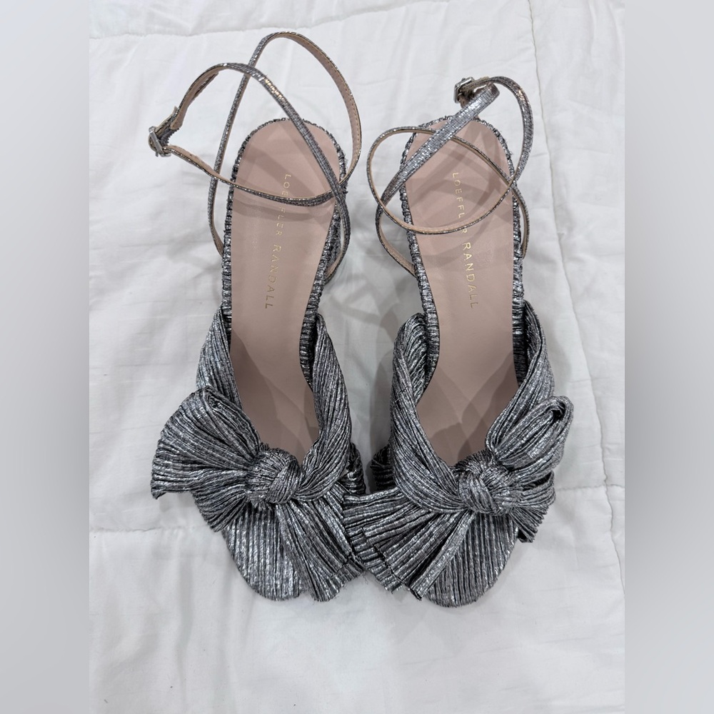 Loeffler Randall Metallic Silver Knotted Pleated Ankle-Strap Heels